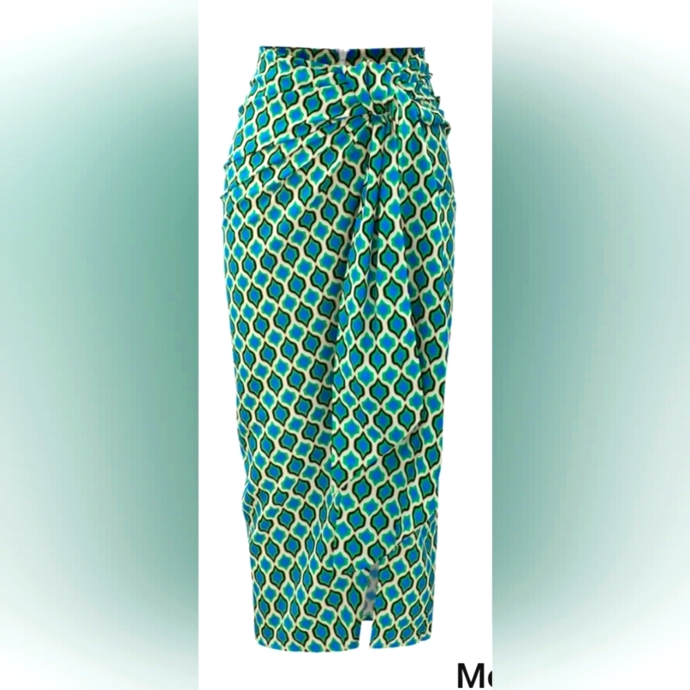 Zara Geometric Print Midi Faux tie Skirt Green Blue Sz Lg Silk Effect New no tag